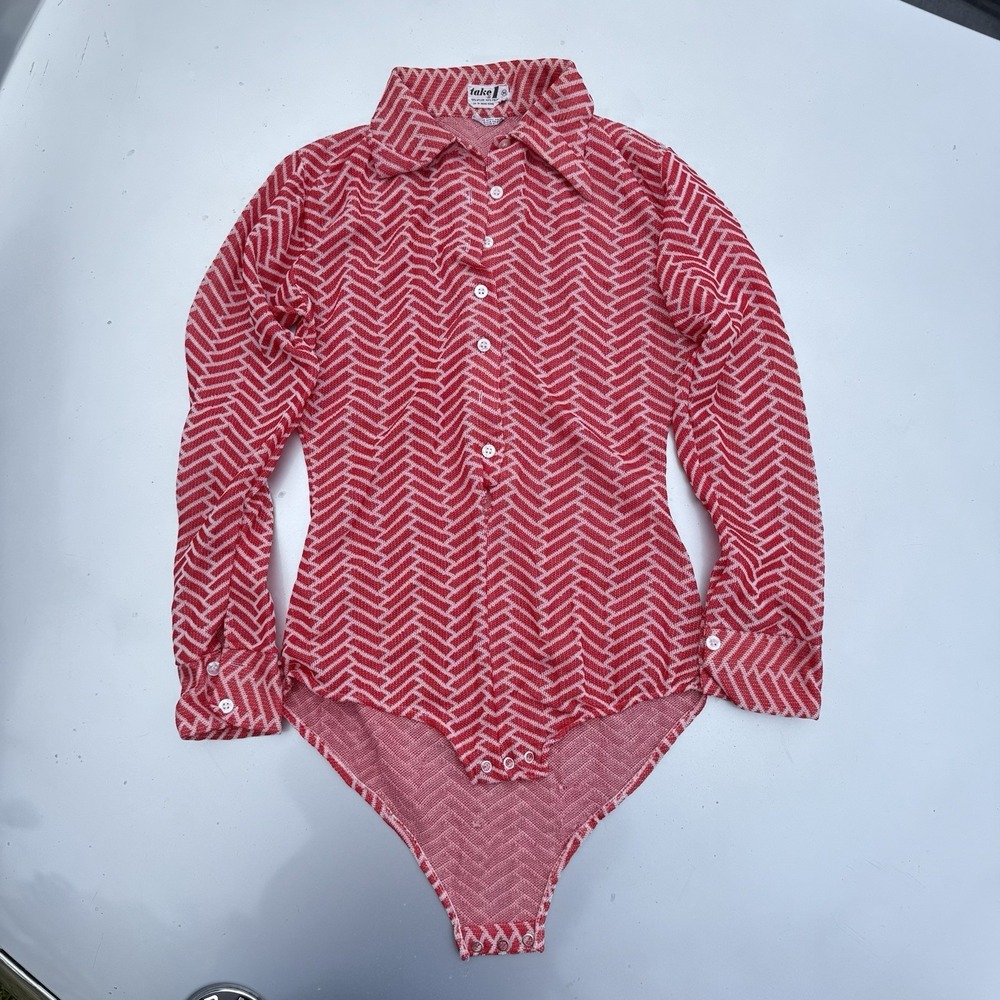 70s Retro Take 1 long-sleeve snap-crotch bodysuit Pointed Collar Nylon Poly SZ M
